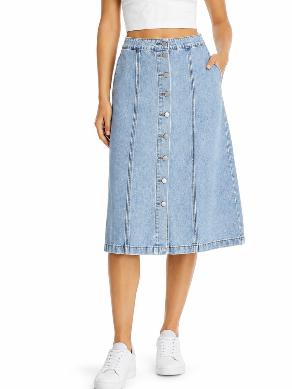 Unbranded Light Wash Button Front Denim Midi Skirt A-Line Pockets Size M